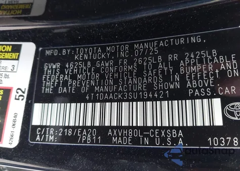 2025 Toyota Camry Se z USA, uszkodzony, nr VIN 4T1DAACK3SU194421